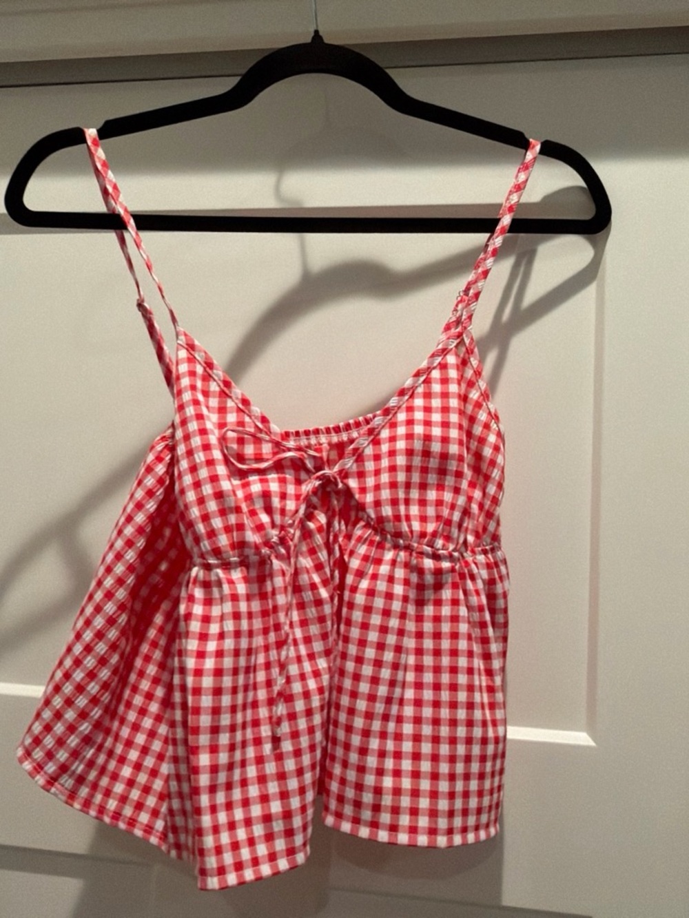 Red Gingham Tie-Front Spaghetti Strap Peplum Top